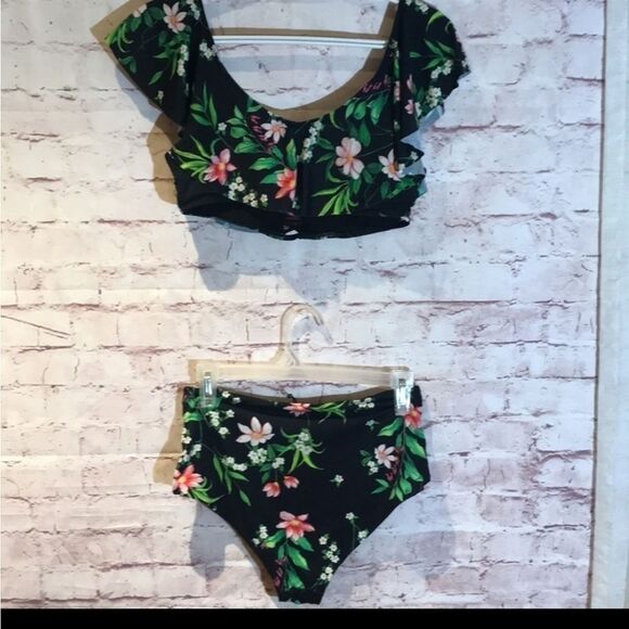 TiNi BiKiNi Black floral flounce high waisted 2 piece Xlarge bikini - Picture 15 of 16